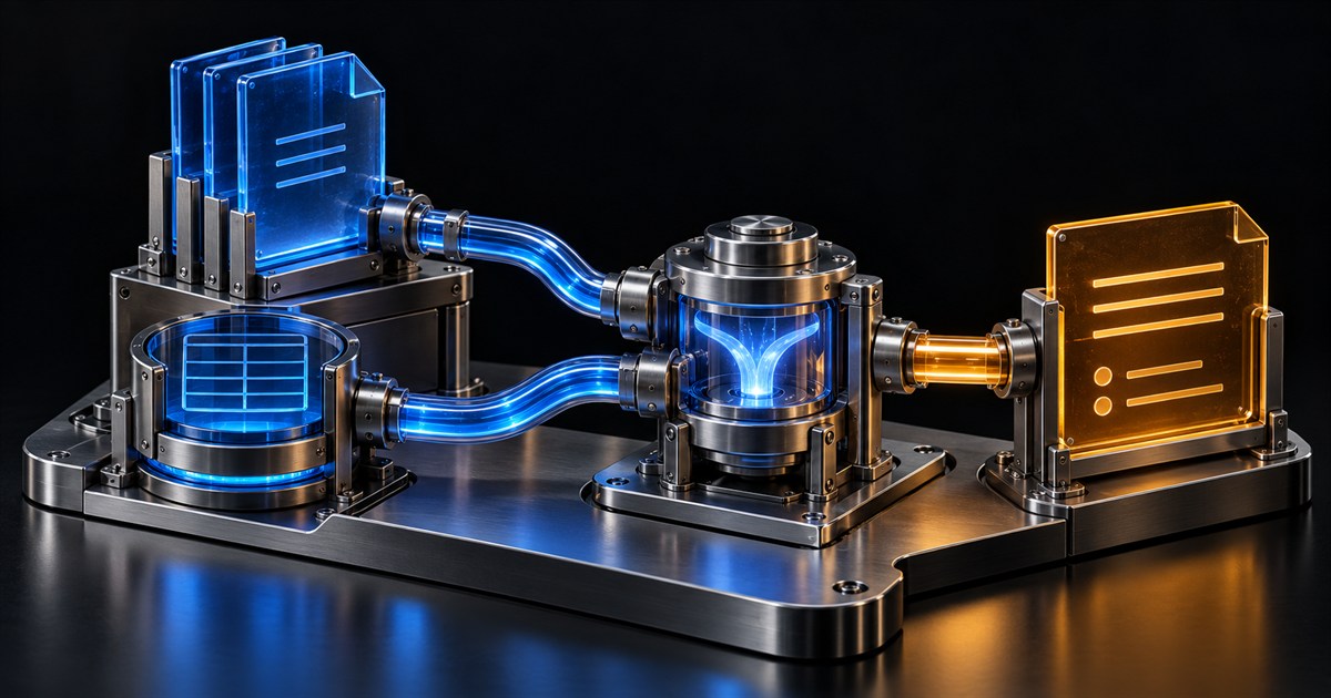 Blue glass policy documents and a live-record grid feed separate conduits into a metal integration chamber, producing one amber answer panel
