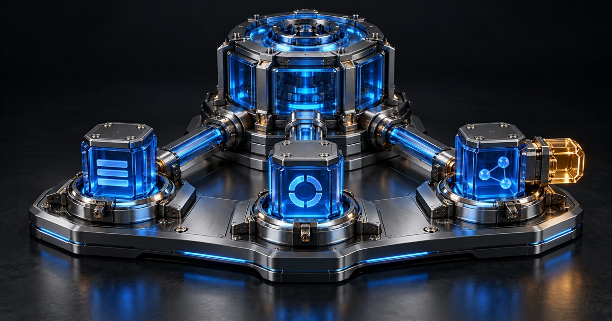 One blue-lit glass and gunmetal product core connects to three interchangeable customer modules, with an amber extension fitted to one module